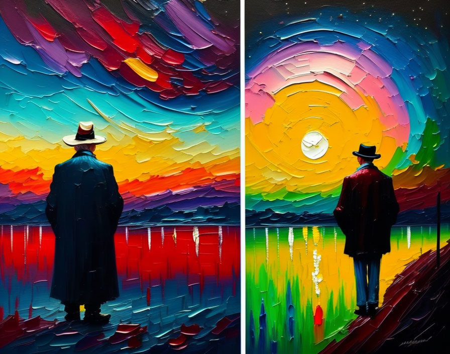 Colorful Abstract Sunset Paintings with Figure in Hat and Coat