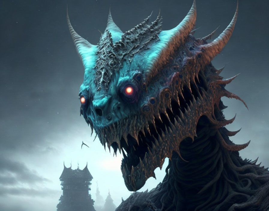 Detailed illustration of menacing dragon with red eyes, horns, and scales in stormy sky.