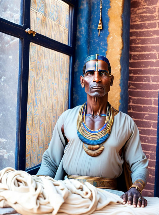 Traditional Attire Man in Front of Blue and Gold Backdrop