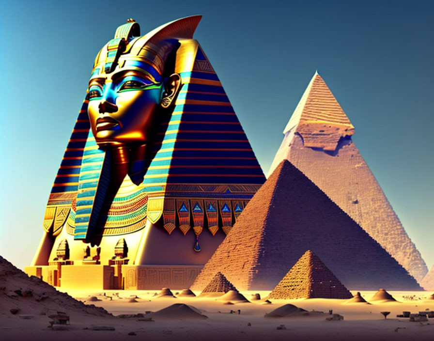 Colossal Egyptian pharaoh statue with pyramid against blue sky
