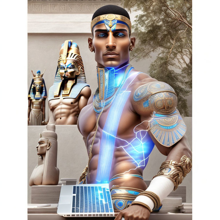 Futuristic Egyptian figure with neon lights on laptop amidst pharaonic sculptures