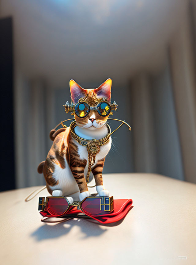 Cat wearing golden glasses and jewelry on red sunglasses background