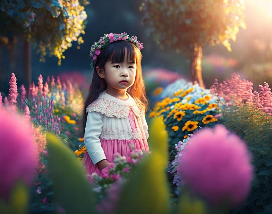 Young girl with floral headband in vibrant garden of innocence.