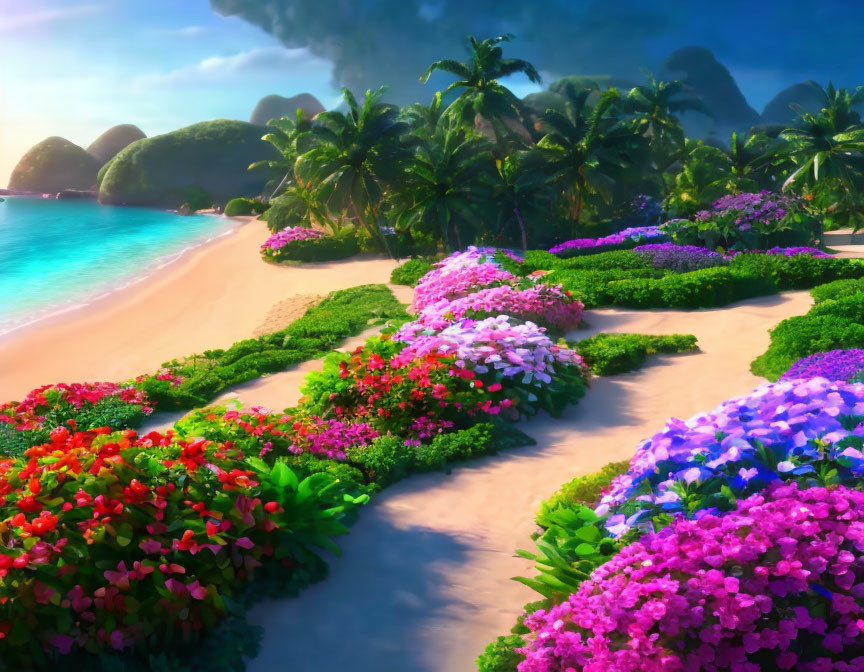 Tropical Beach Scene with Colorful Flowers and Crystal-Clear Water