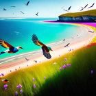 Lush beach scene with green grass, colorful flowers, birds, and turquoise sea