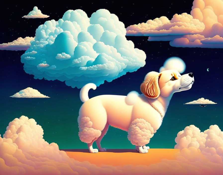 Stylized dog with cloud body in whimsical sky scene
