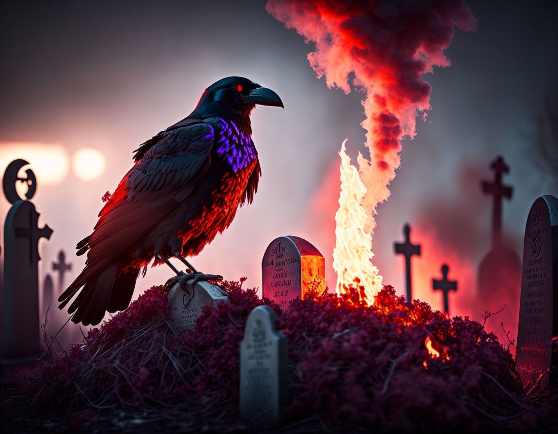 Raven on smoldering nest in gothic graveyard at dusk