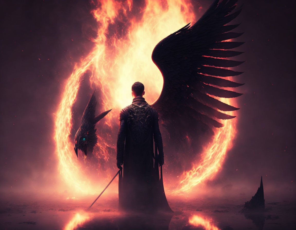 Warrior with sword and dark-winged creature in fiery eclipse landscape