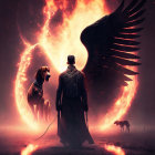 Warrior with sword and dark-winged creature in fiery eclipse landscape