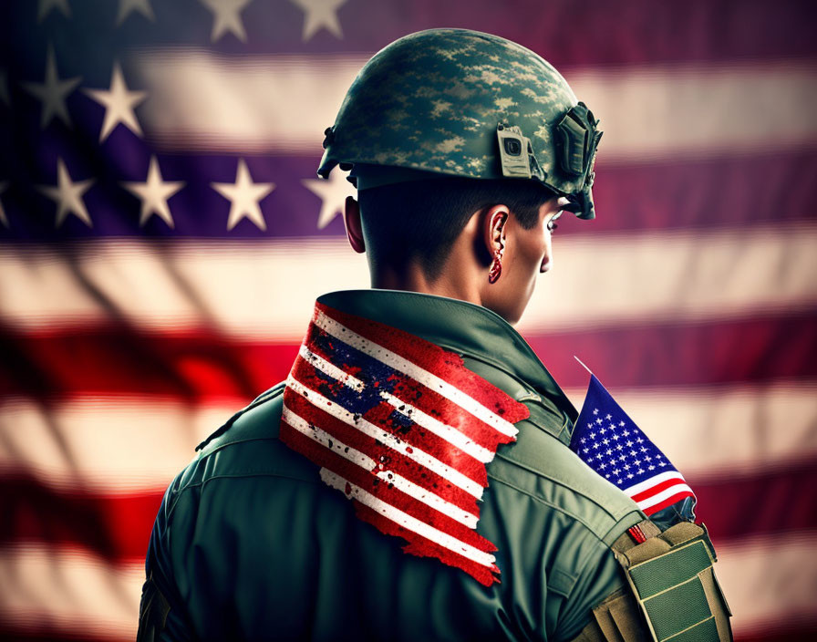 Military soldier in uniform with helmet on American flag background.