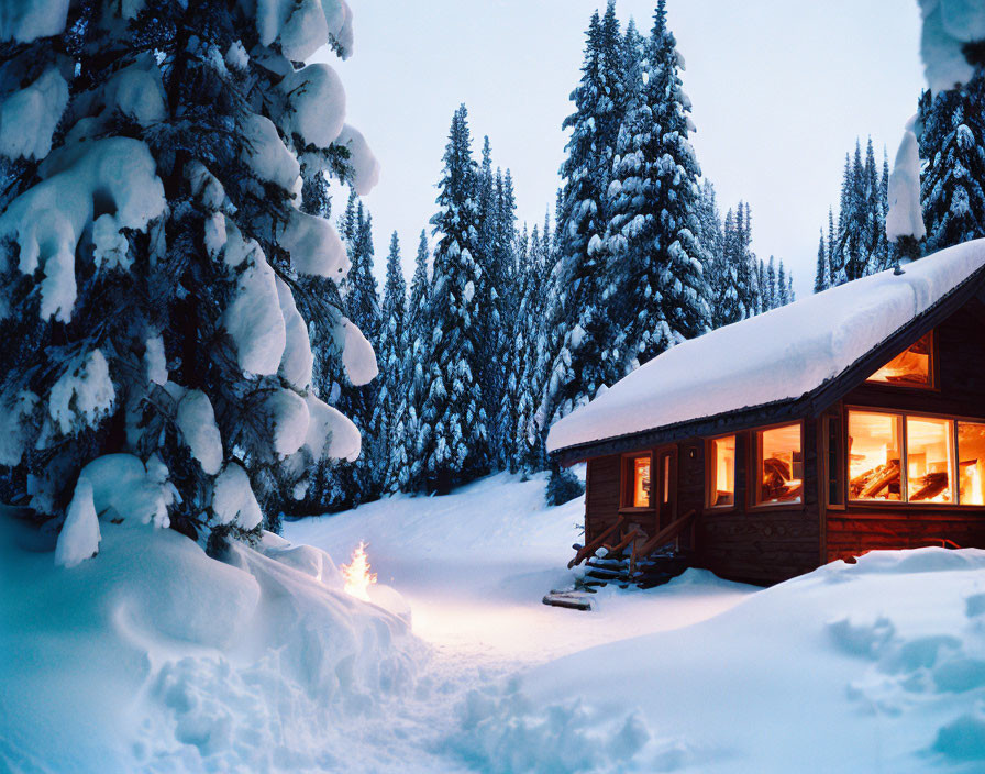 Snow-covered pine forest cabin at twilight