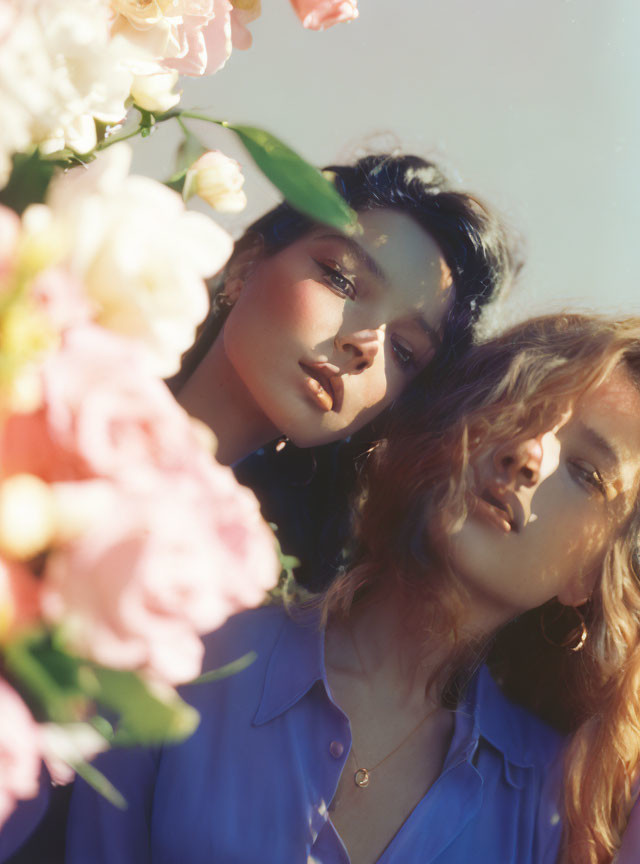 Soft-focus bouquet and dreamy aesthetic: Two women in blue shirts backlit by natural light