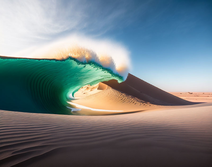 Surreal image of wave merging with desert dunes under blue sky