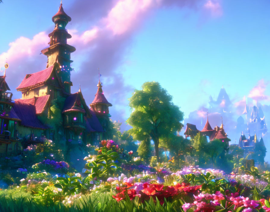 Fantasy landscape with whimsical tower and colorful gardens