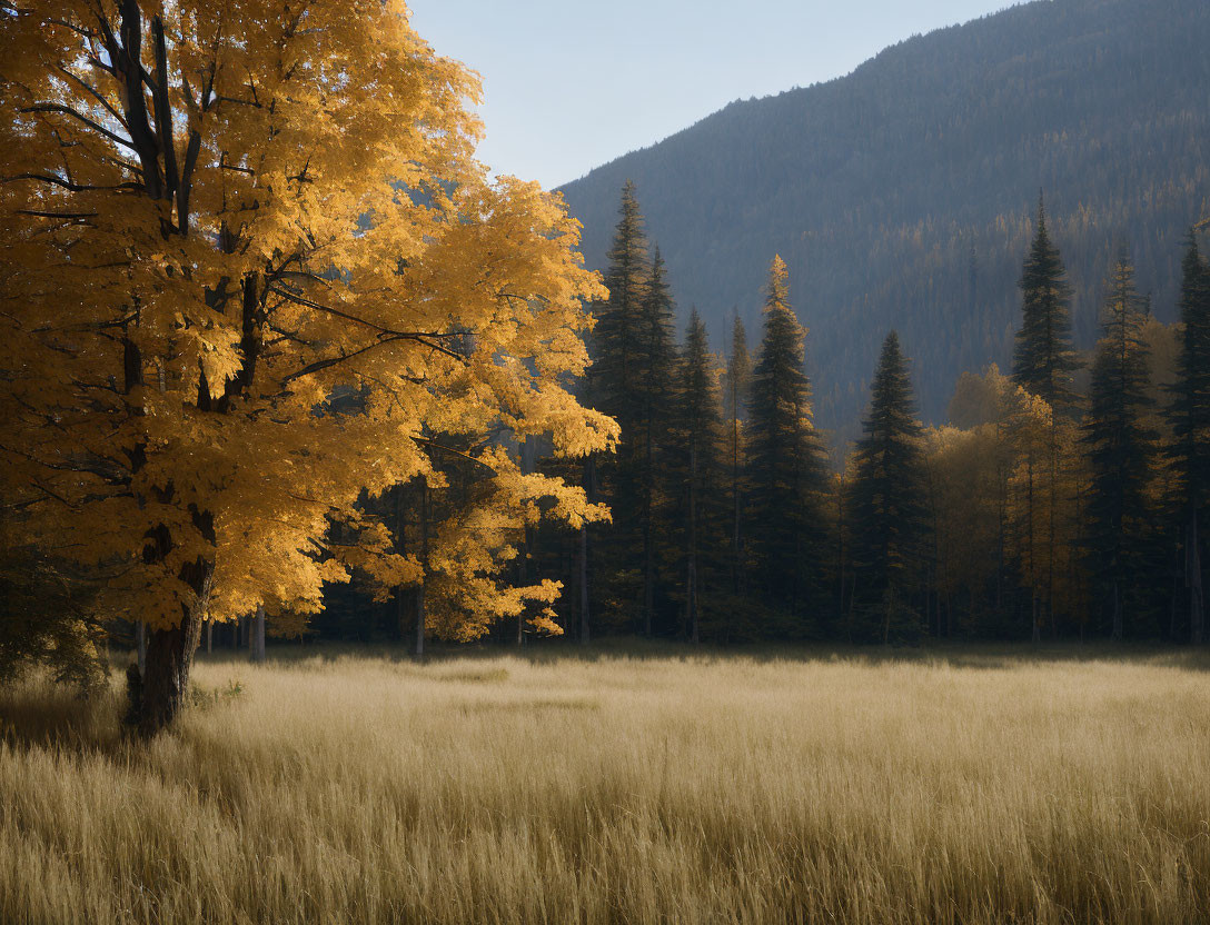 Golden-leaved tree in vibrant autumn scene with meadow and coniferous forest.