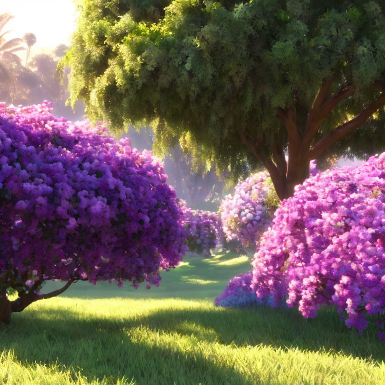 Vibrant purple hydrangea bushes in lush garden scene