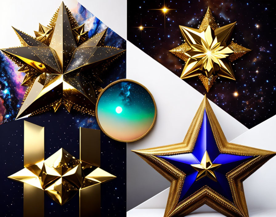 Geometric star shapes collage with cosmic background and metallic textures