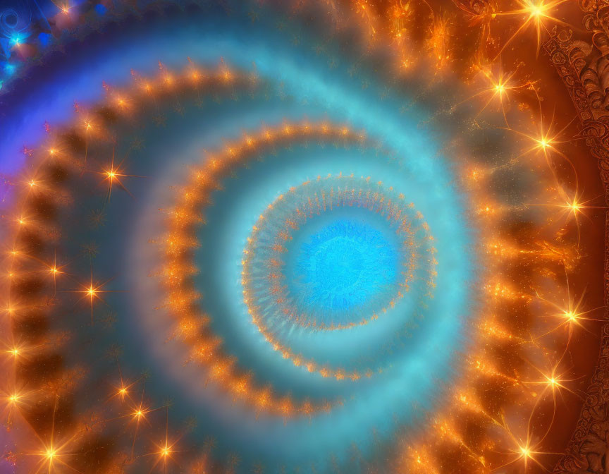 Colorful fractal art: Blue and orange concentric circles with sparkling lights