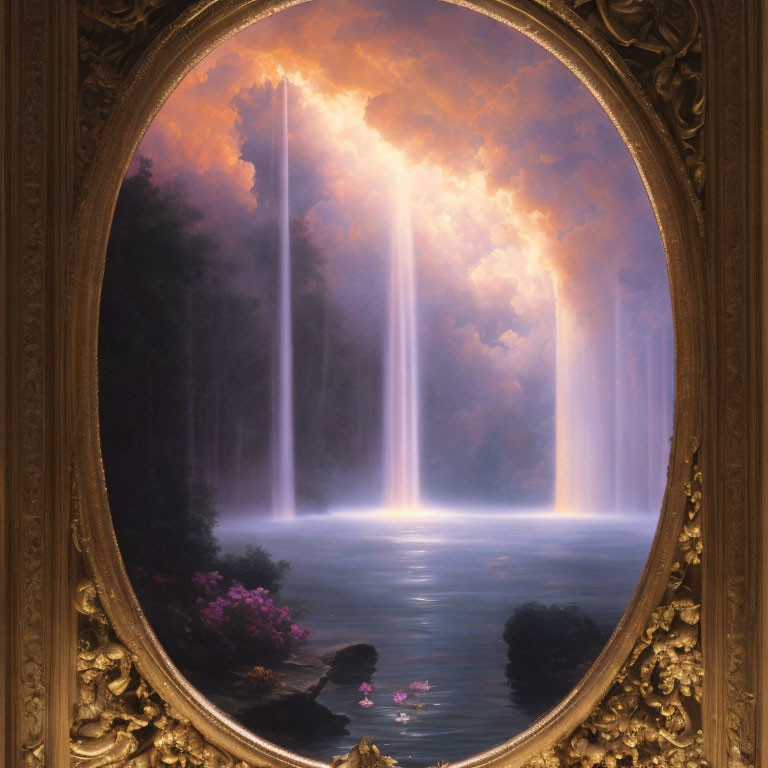 Tranquil forest and lake scene in ornate golden frame