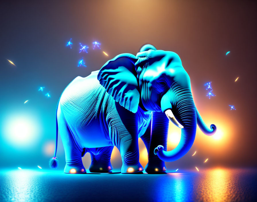 Colorful Digital Art: Blue Elephant with Glowing Texture on Orange and Blue Background