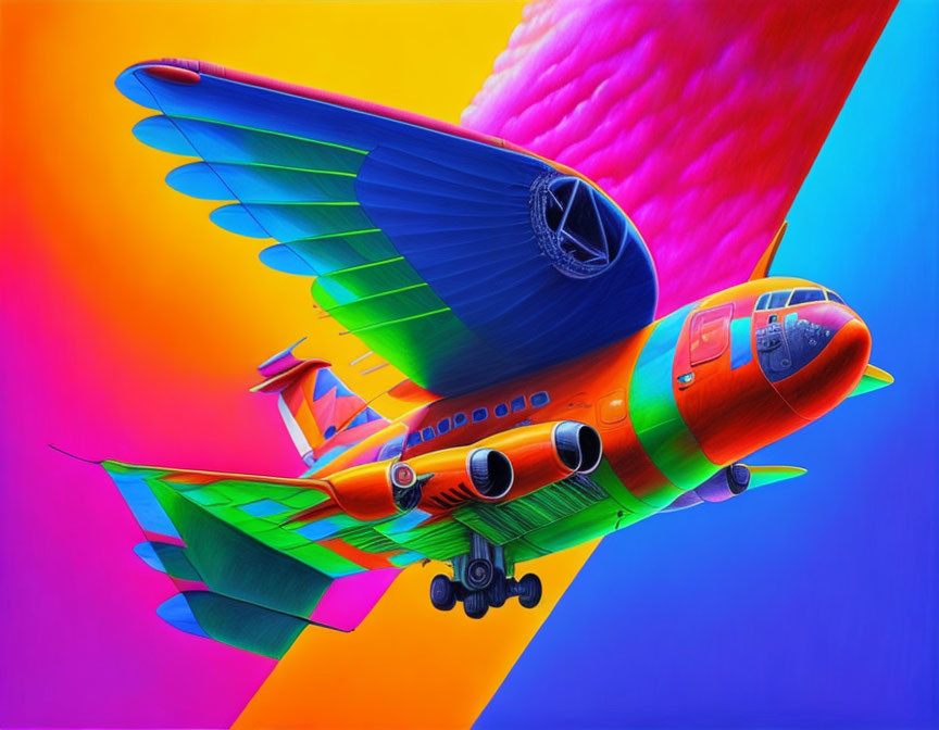 Colorful bird-plane hybrid illustration on gradient background