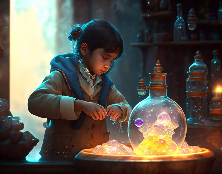 Child creating magical potion in glass orb