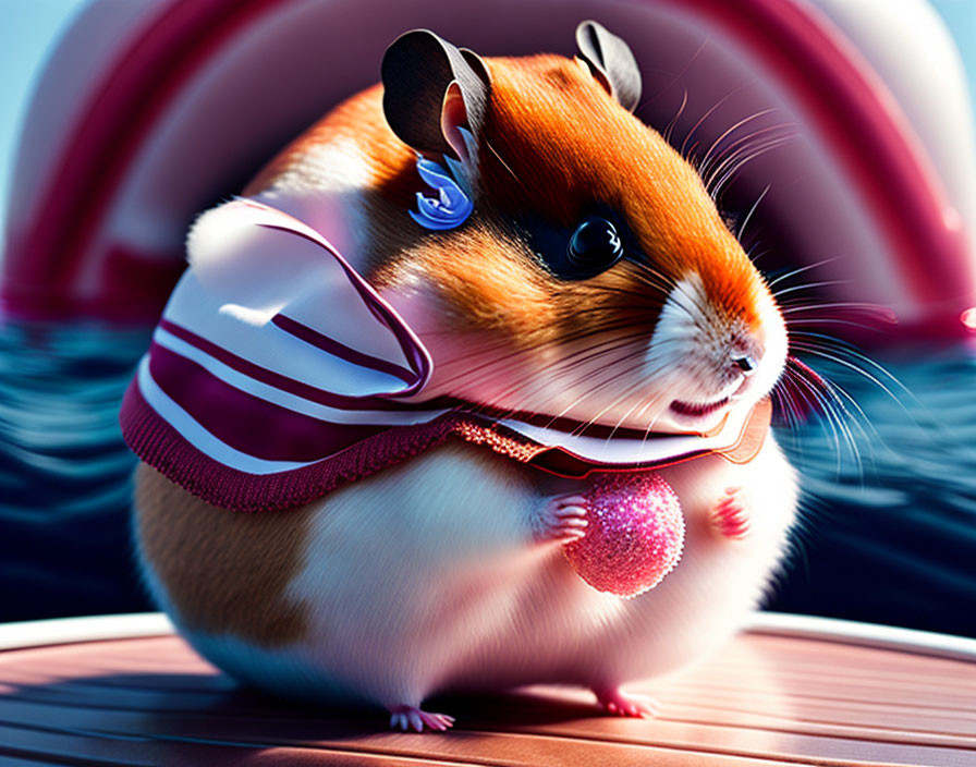 Animated hamster with lifebuoy and headset on wooden raft in vibrant pink and blue setting