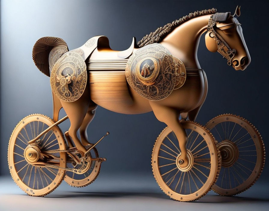 Steampunk-style mechanical horse with intricate gears and polished metal surfaces