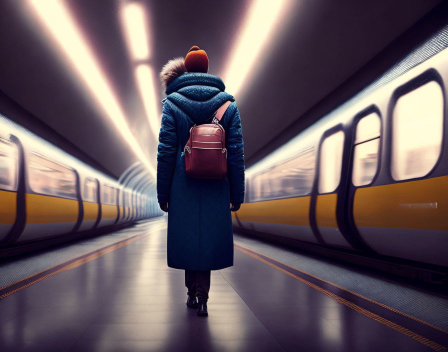 Person in Blue Coat on Platform as Yellow Subway Train Blurs By