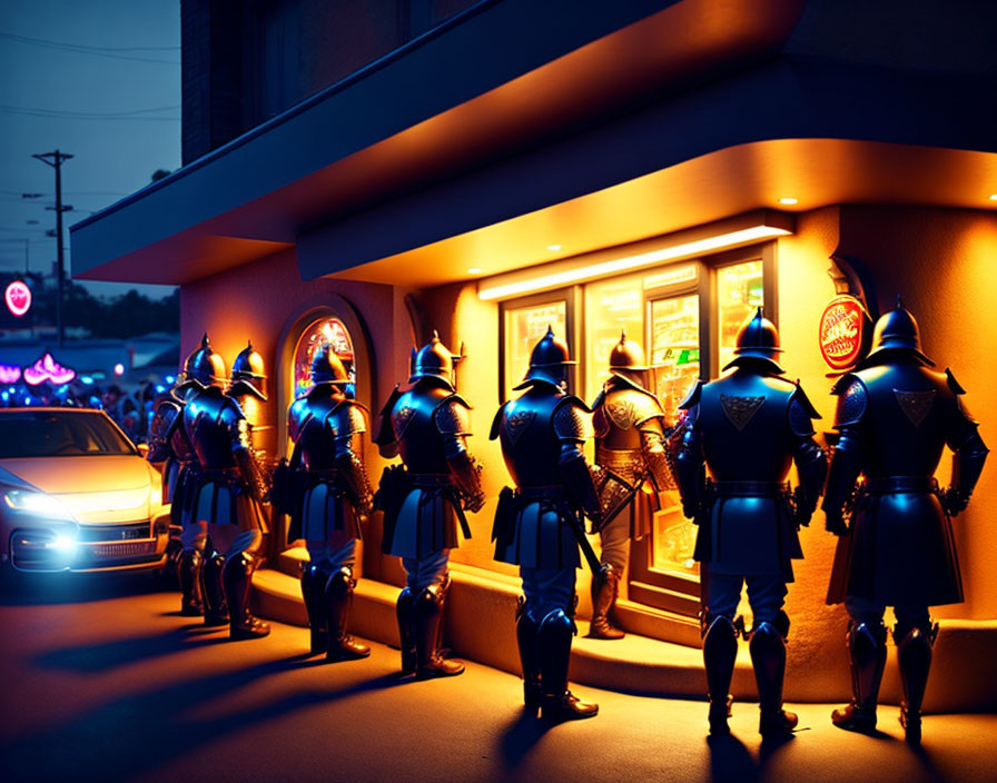 Medieval armor-clad group outside fast-food joint at night