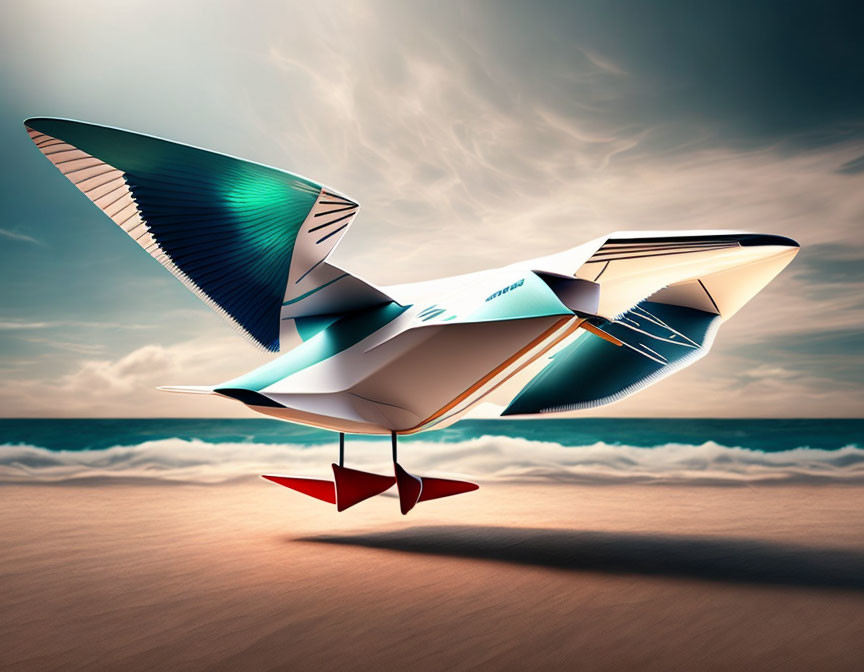 Futuristic airplane with angular design and blue-green wings on sandy beach under dramatic sky