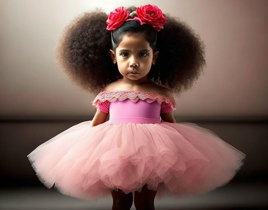 Young girl with curly hair and red flowers in pink tutu dress staring intently