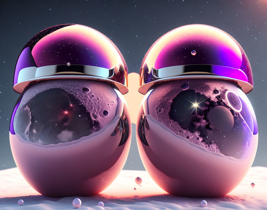 Futuristic spherical structures on celestial surface with reflective surfaces in cosmic backdrop