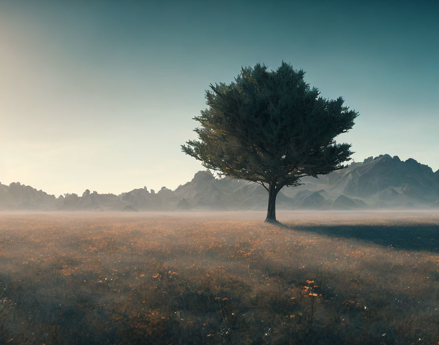 Serene field with solitary tree, golden grass, distant mountains, soft glowing sky