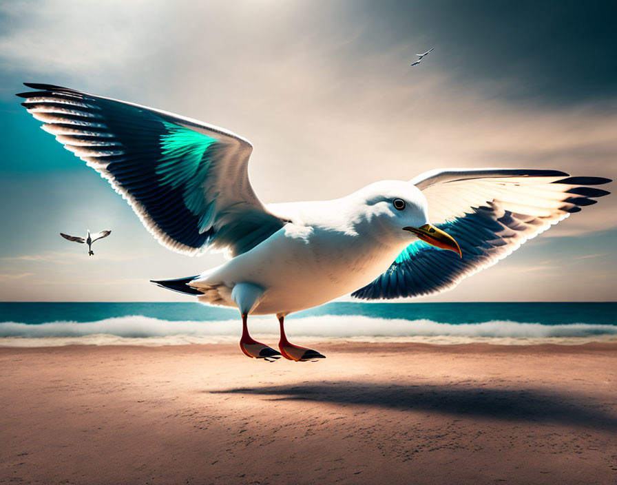 Seagull landing on sandy beach under blue sky