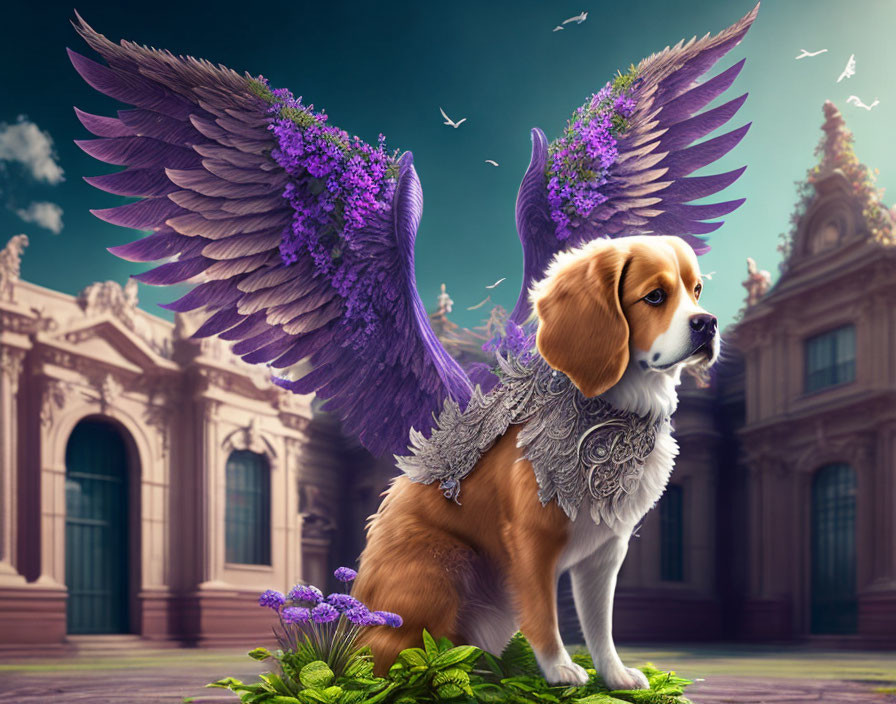 Beagle with Purple Feathered Wings in Silver Armor Amid Classical Architecture