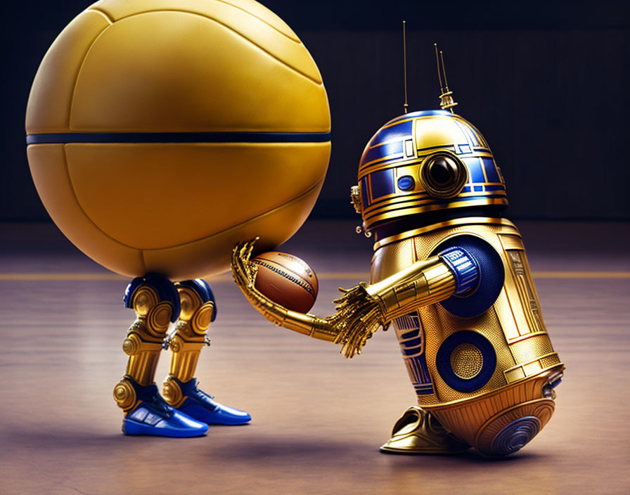 Stylized droid with golden elements holding sports balls on court