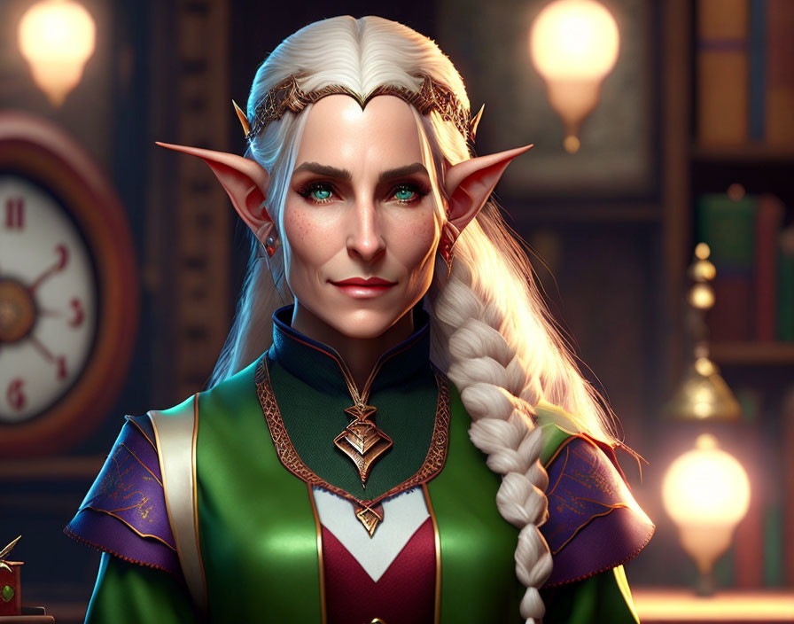 Digital artwork: Elf with pointy ears, white hair, green & gold attire, surrounded by candles