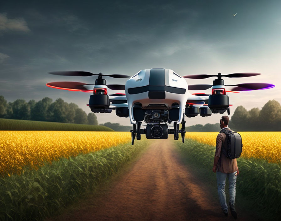 Drone with camera captures person in yellow flower field