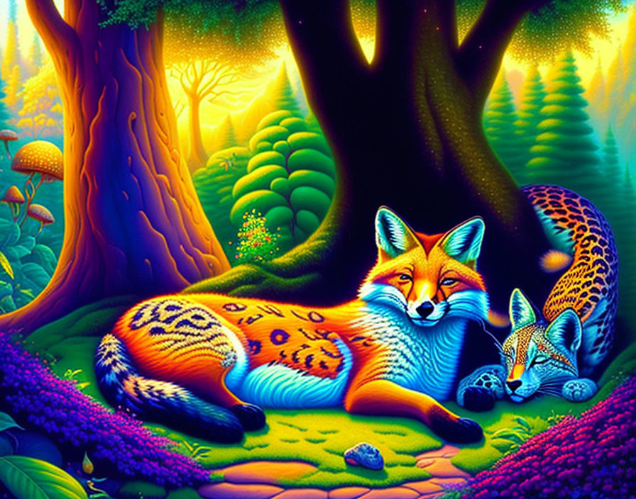 Vivid Fox and Cub in Fantastical Forest