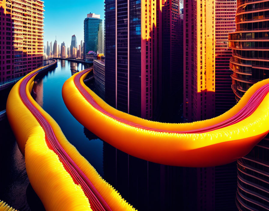 Modern cityscape with vibrant yellow and orange insulated pipes near a river.