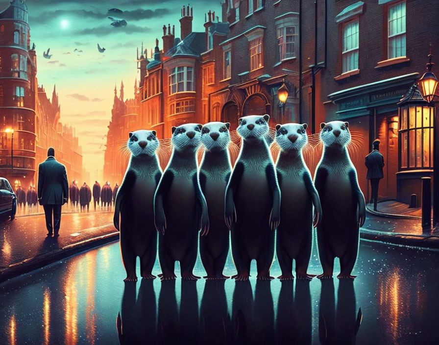 Five Otters Standing Upright on Wet City Street at Dusk