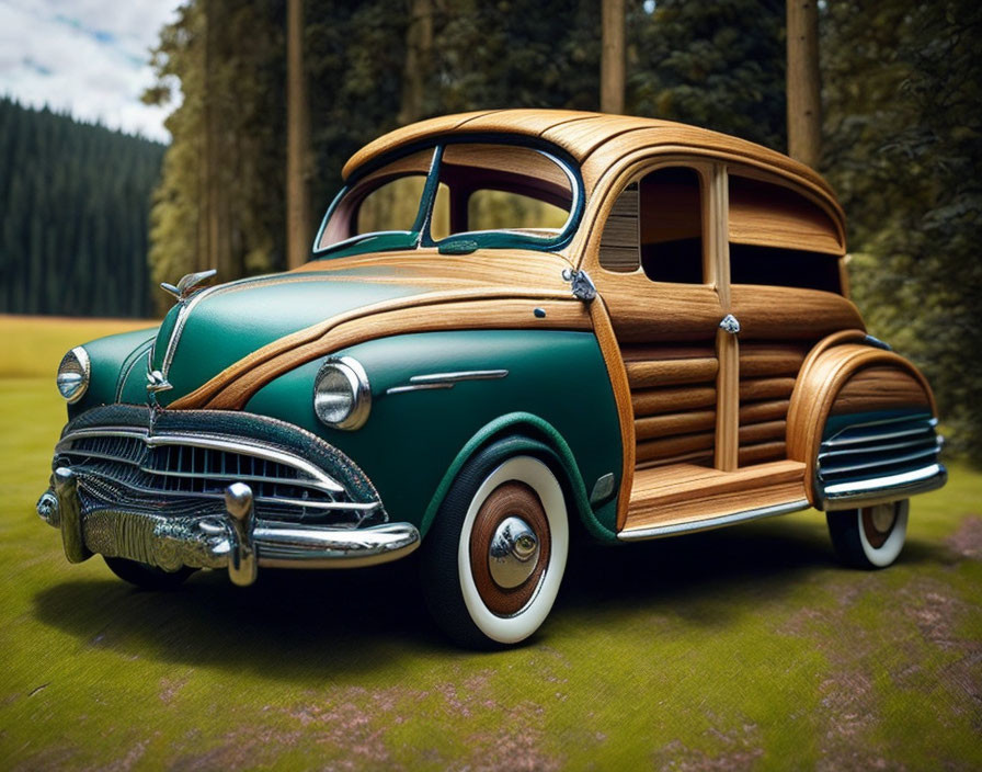 Classic Green Car with Wooden Panels in Forest Setting