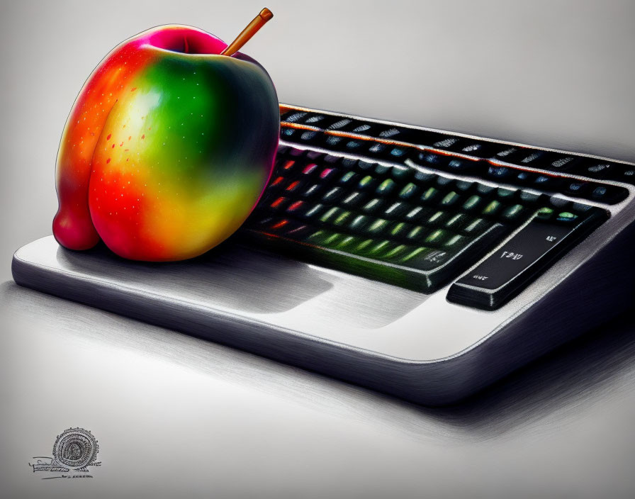 Vibrant Apple on Angled Keyboard Desk Setup