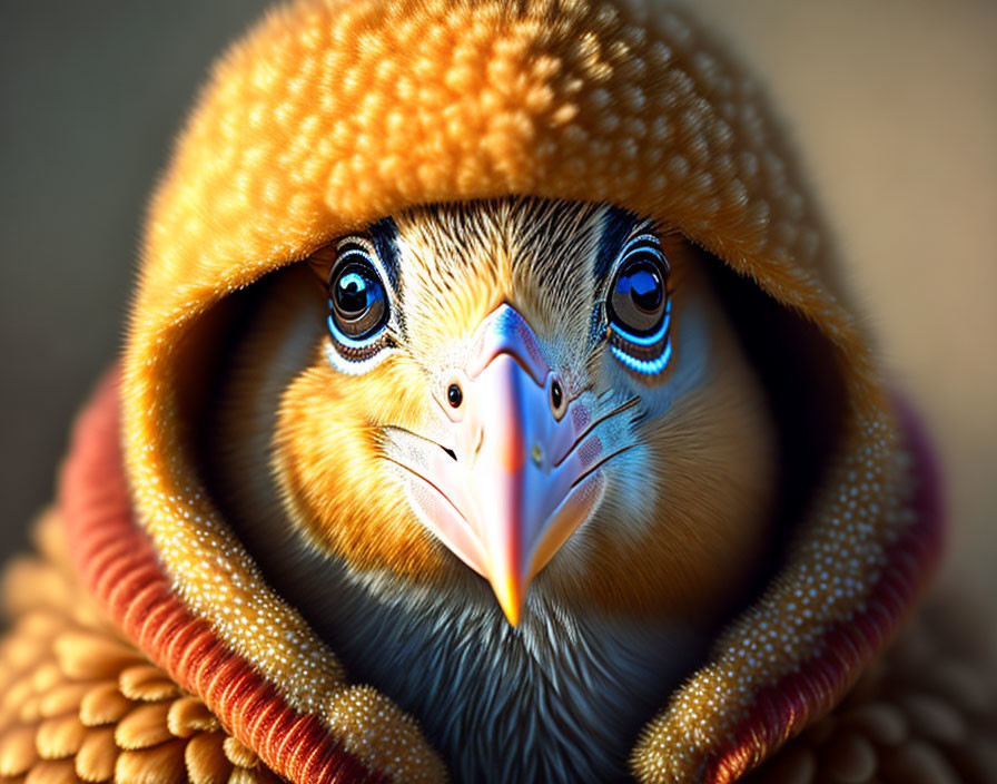 Bird with Striking Blue Eyes in Cozy Hooded Garment