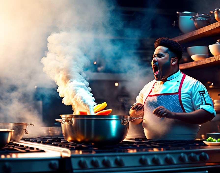 Chef surprised by steam eruption in busy kitchen.