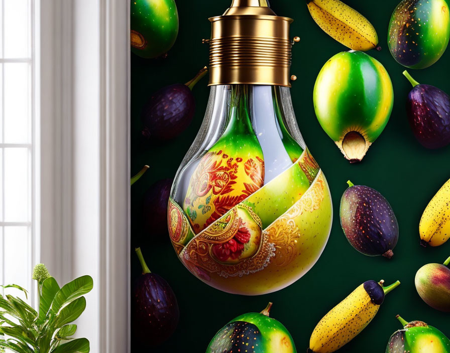 Intricately designed light bulb with Easter egg motif and colorful fruits on dark green background