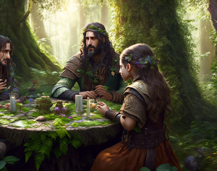 Medieval-themed forest scene with two individuals at a table