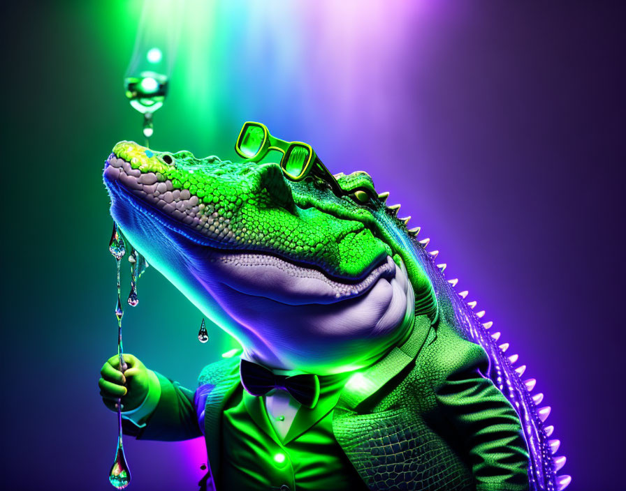 Bowtie and glasses-wearing alligator under colorful lights with water droplet.