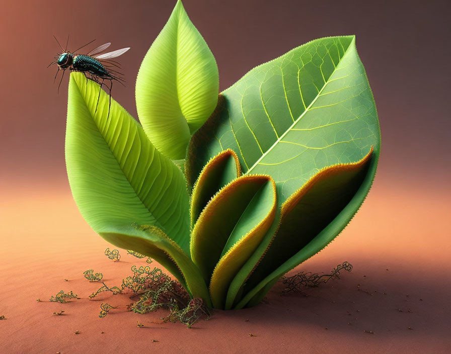 Large green plant with enveloping leaves and bluebottle fly resting on leaf